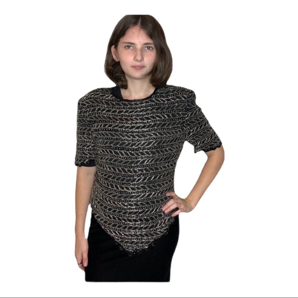 Laurence Kazar Black & Silver Beaded VTG Silk 80’s Top Boxy Fit
